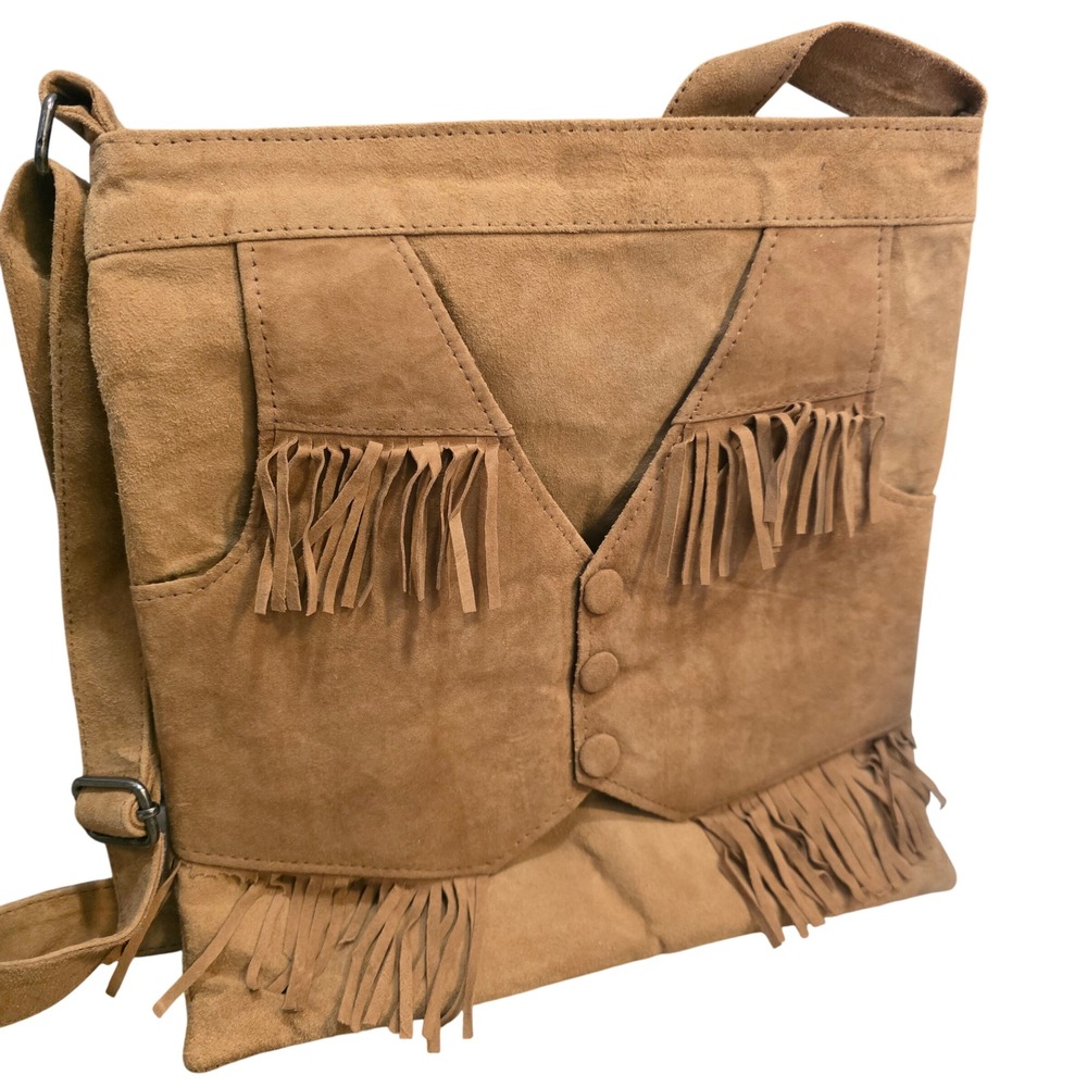 Adidas Tan Faux Suede Fringe Vest Crossbody Messenger Bag Western Boho